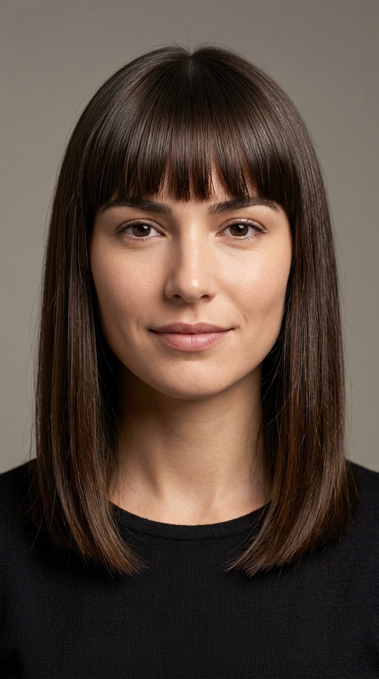 Blunt Bangs and Straight Shoulder-Length Hair