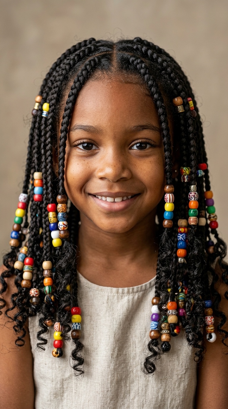 Bohemian Box Braids with Wooden and Colorful Beads