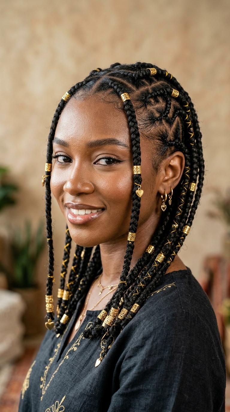 Bohemian Fulani Braids with Gold Cuffs and Hearts