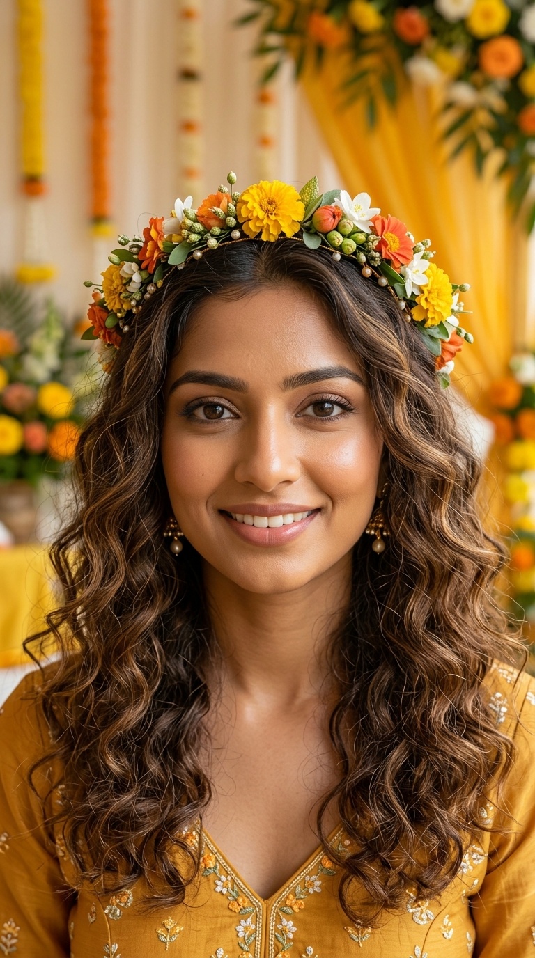 Bohemian Loose Curls with a Floral Tiara