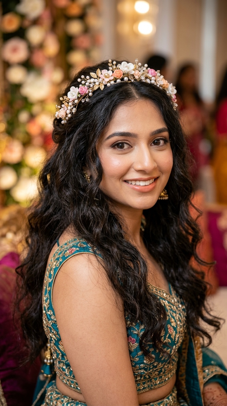 Bohemian Waves with Floral Tiara