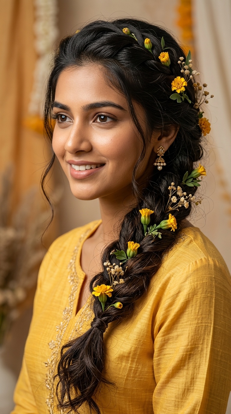 Boho Braid with Yellow Marigold Buds