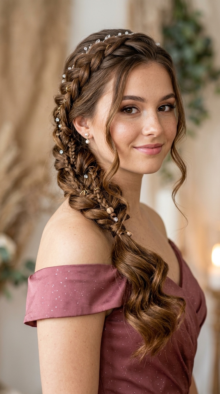 Boho-Chic Side Braid with Glossy Hollywood Waves
