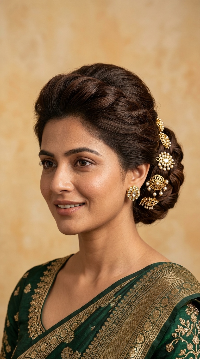 Bouffant Bun with Traditional Jadau Pins
