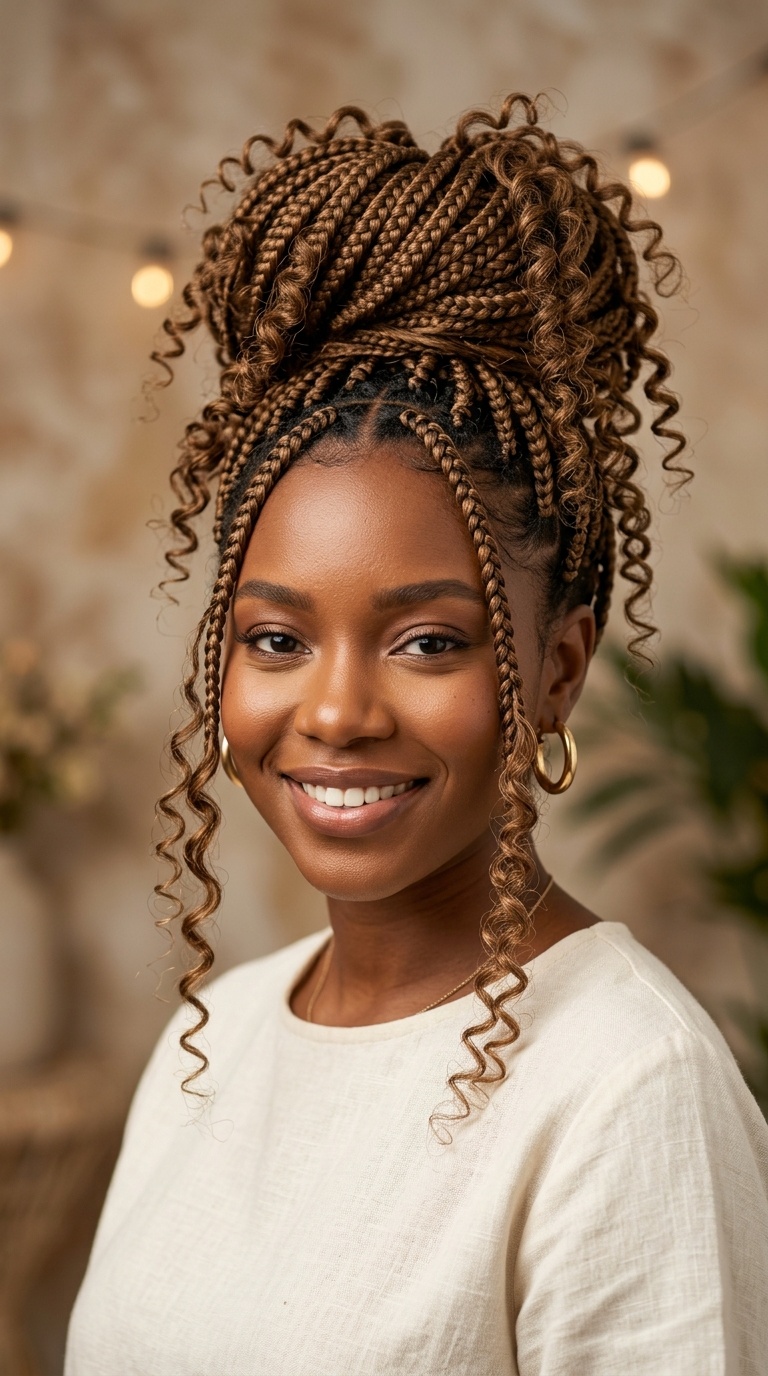 Box Braided High Bun with Curly Tips