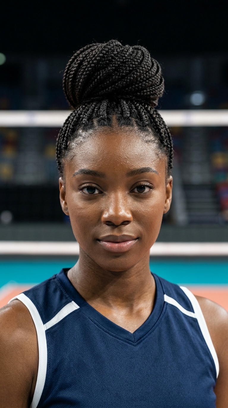Box Braids Gathered in a Top Knot
