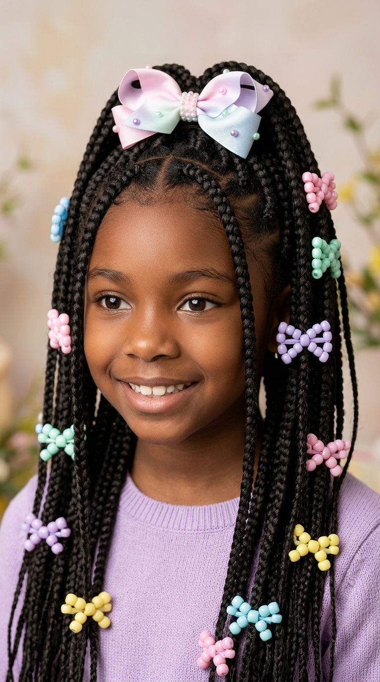 Box Braids with Pastel Beaded Bows