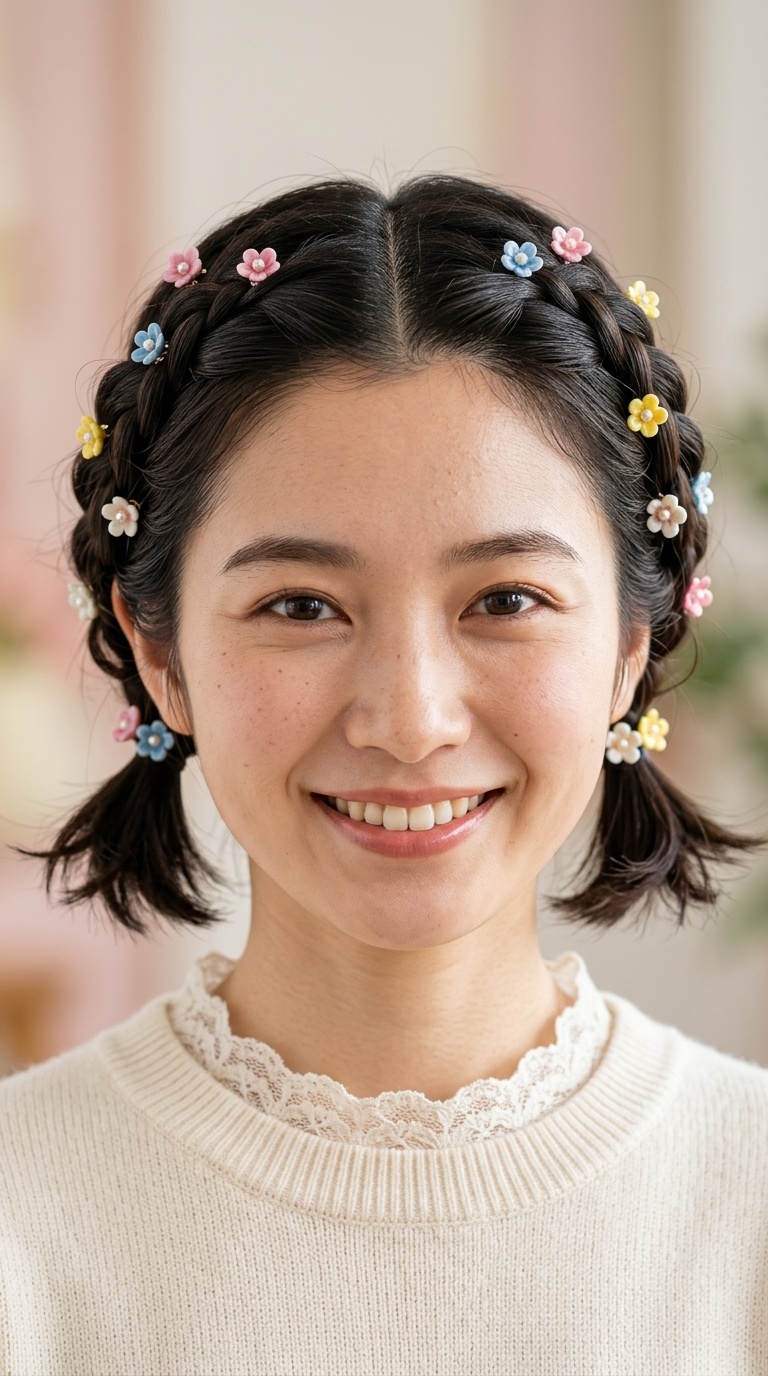 Braided Crown Pigtails with Flower Clips