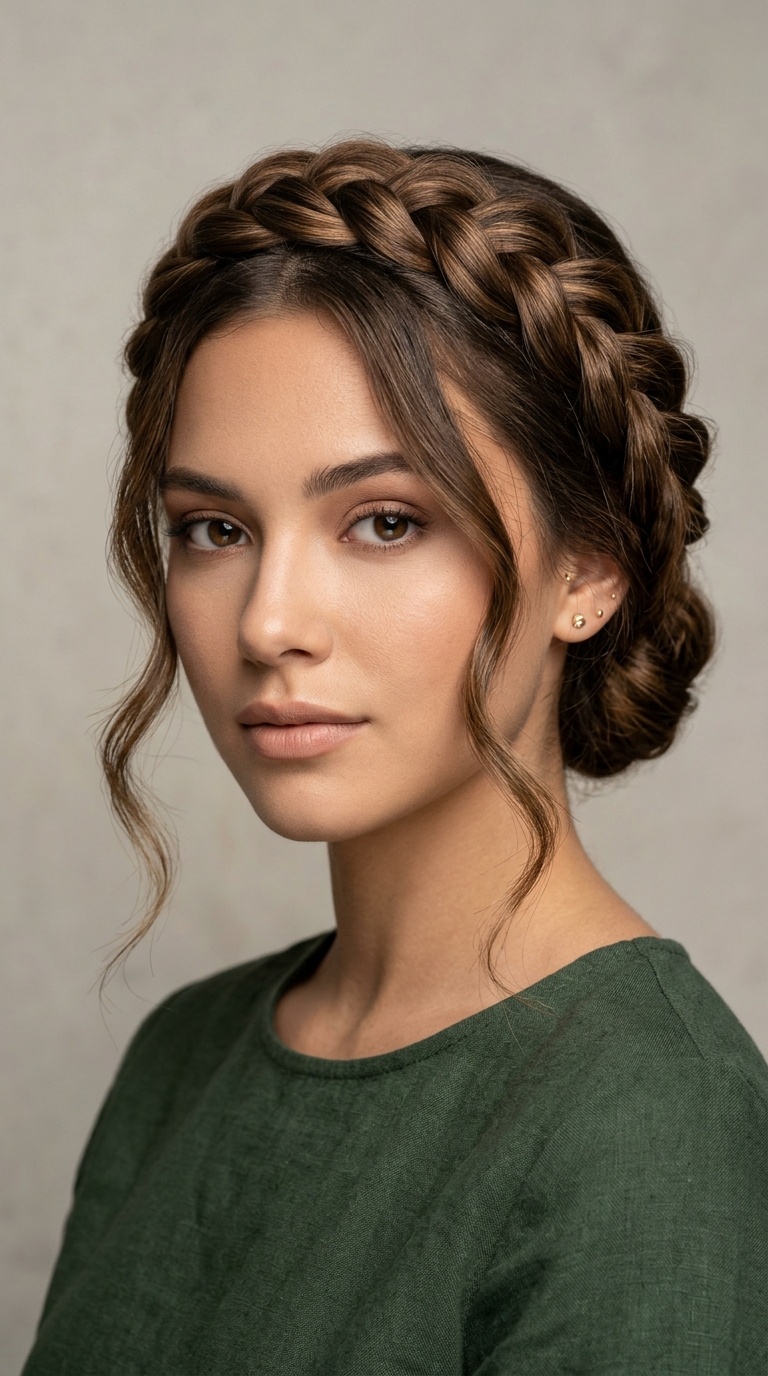 Braided Crown with Face-Framing Tendrils