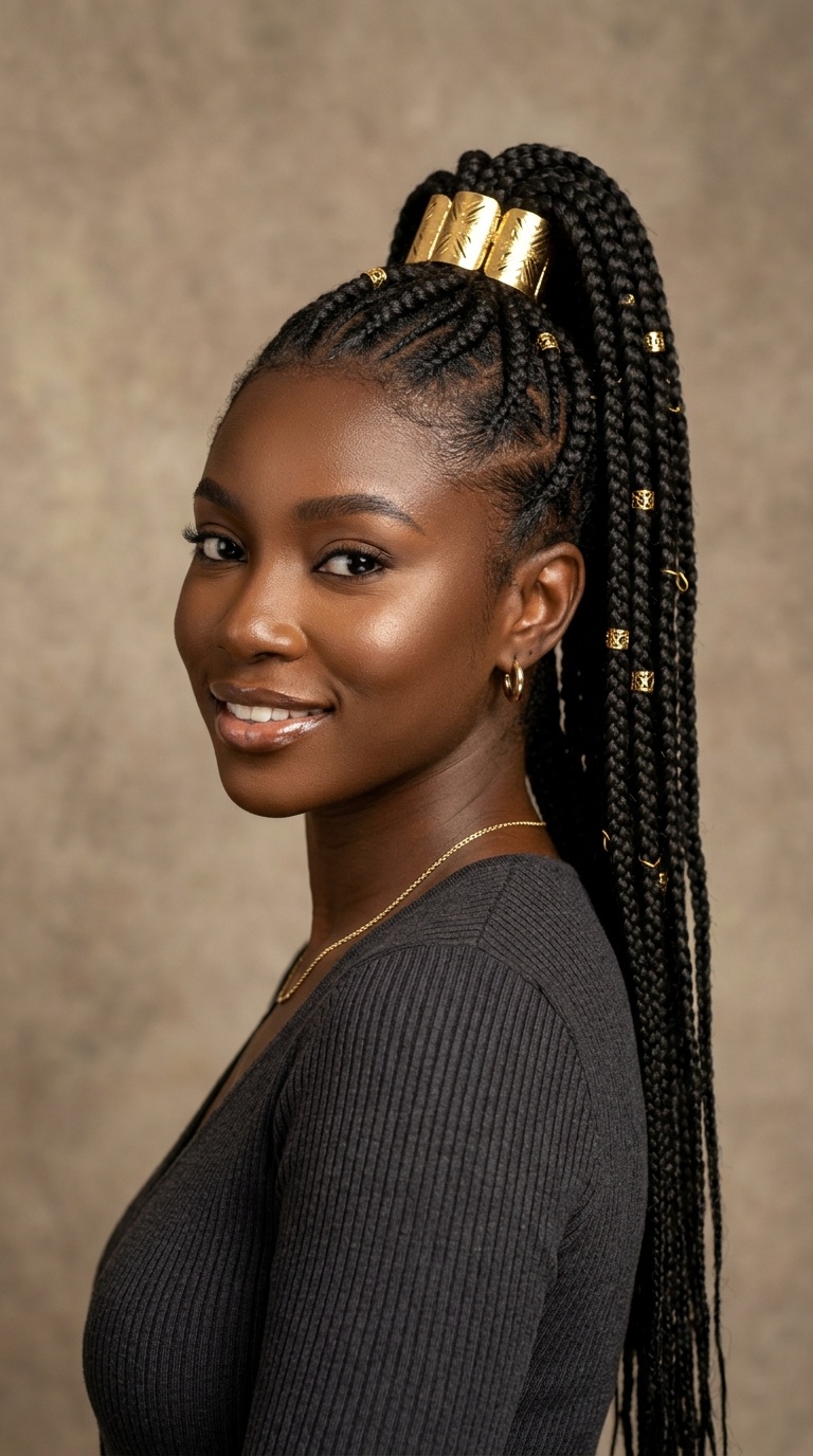 Braided High Pony with Golden Cuffs