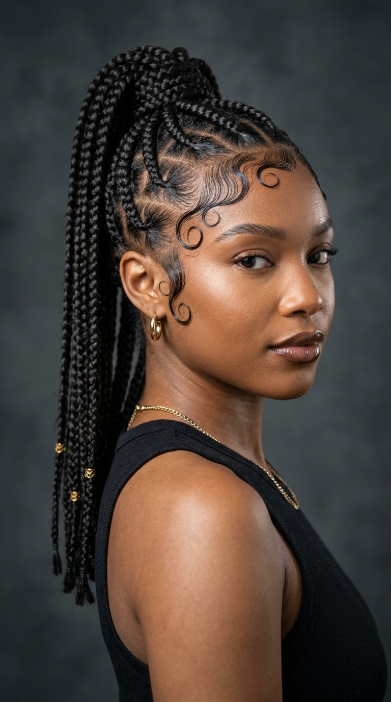 Braided High Ponytail with Swirled Baby Hairs