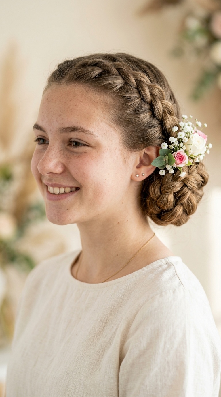 Braided Low Bun with Floral Pins