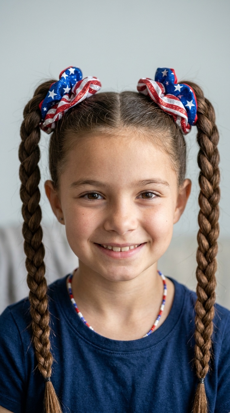 Braided Pigtails with Patriotic Scrunchies