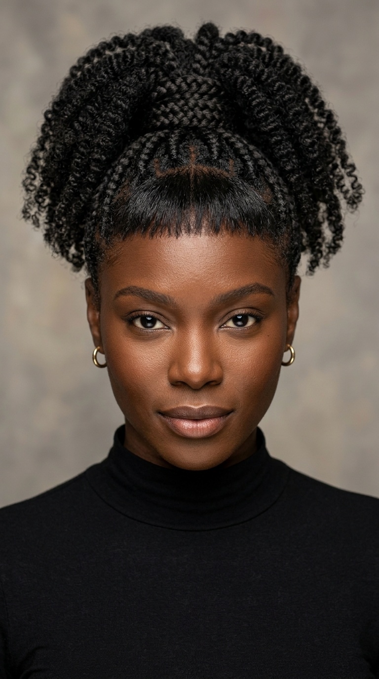 Braided Ponytail Base with Coiled Ends and Micro Bangs