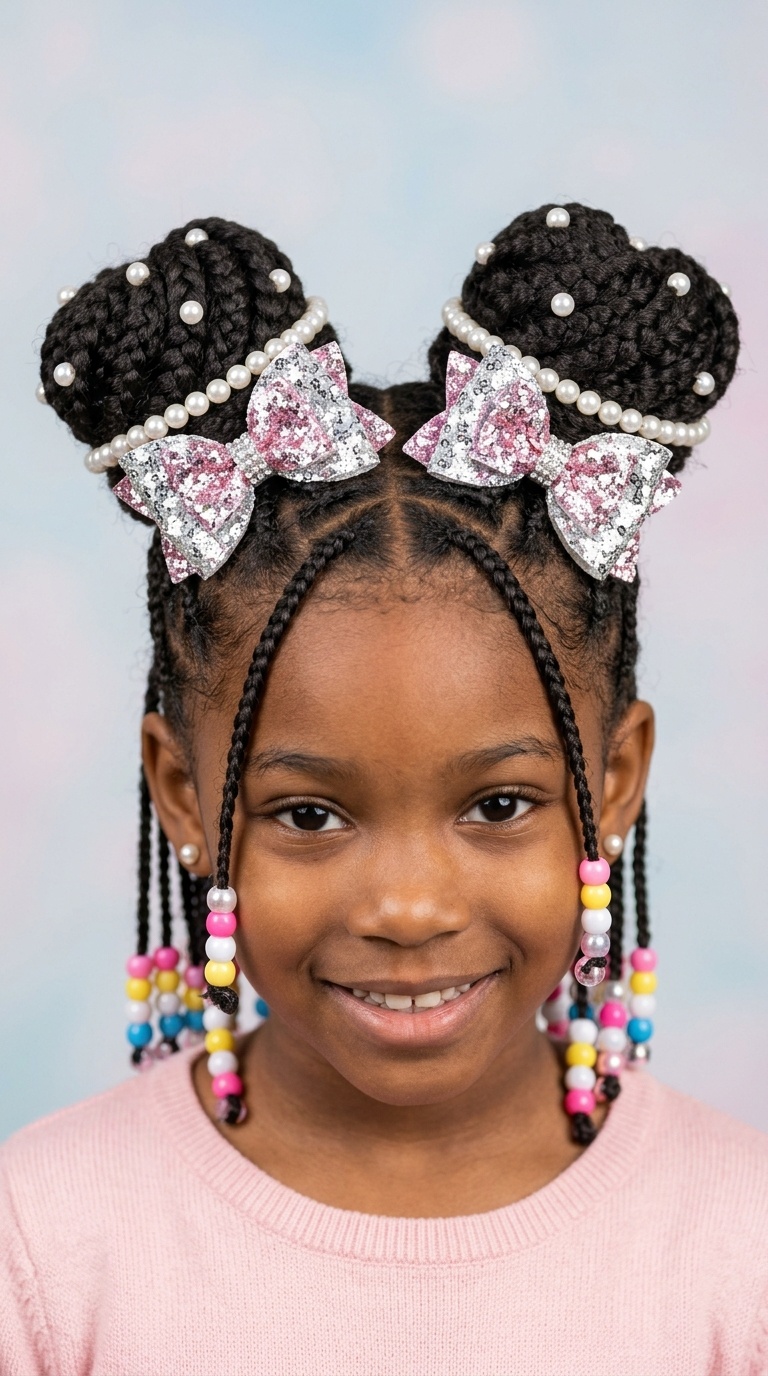 Braided Space Bun Duo with Pearl Beads and Sparkly Bows