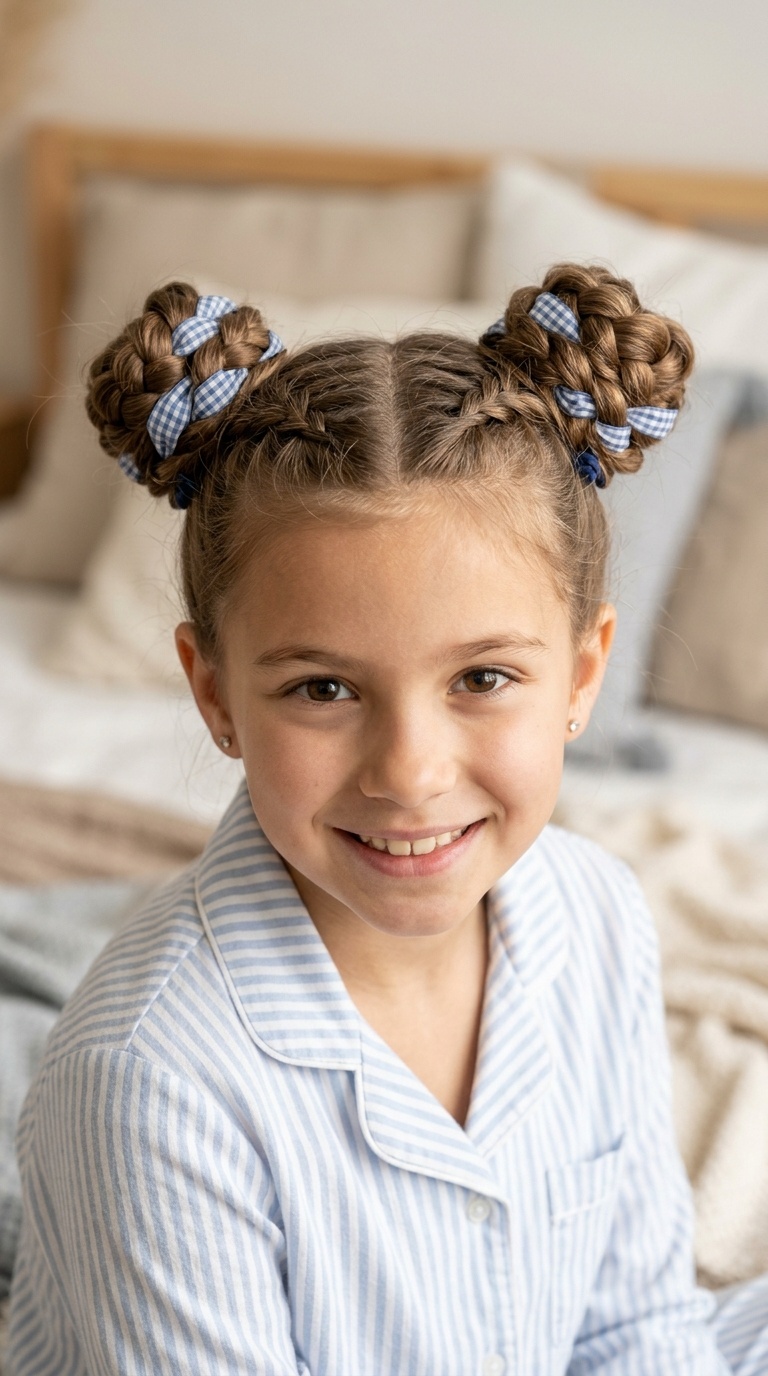 Braided Space Buns with Interwoven Ribbons