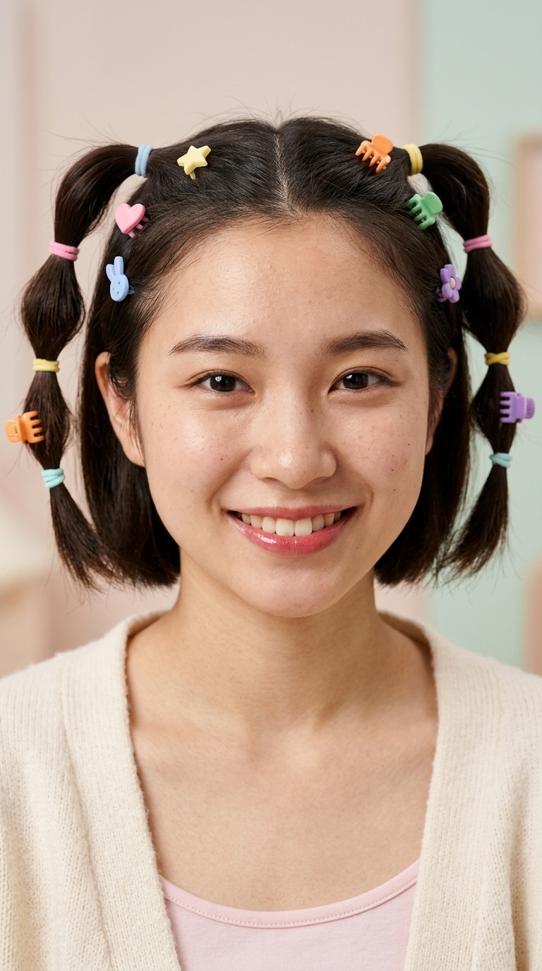 Bubble Pigtails with Multi-Colored Clips