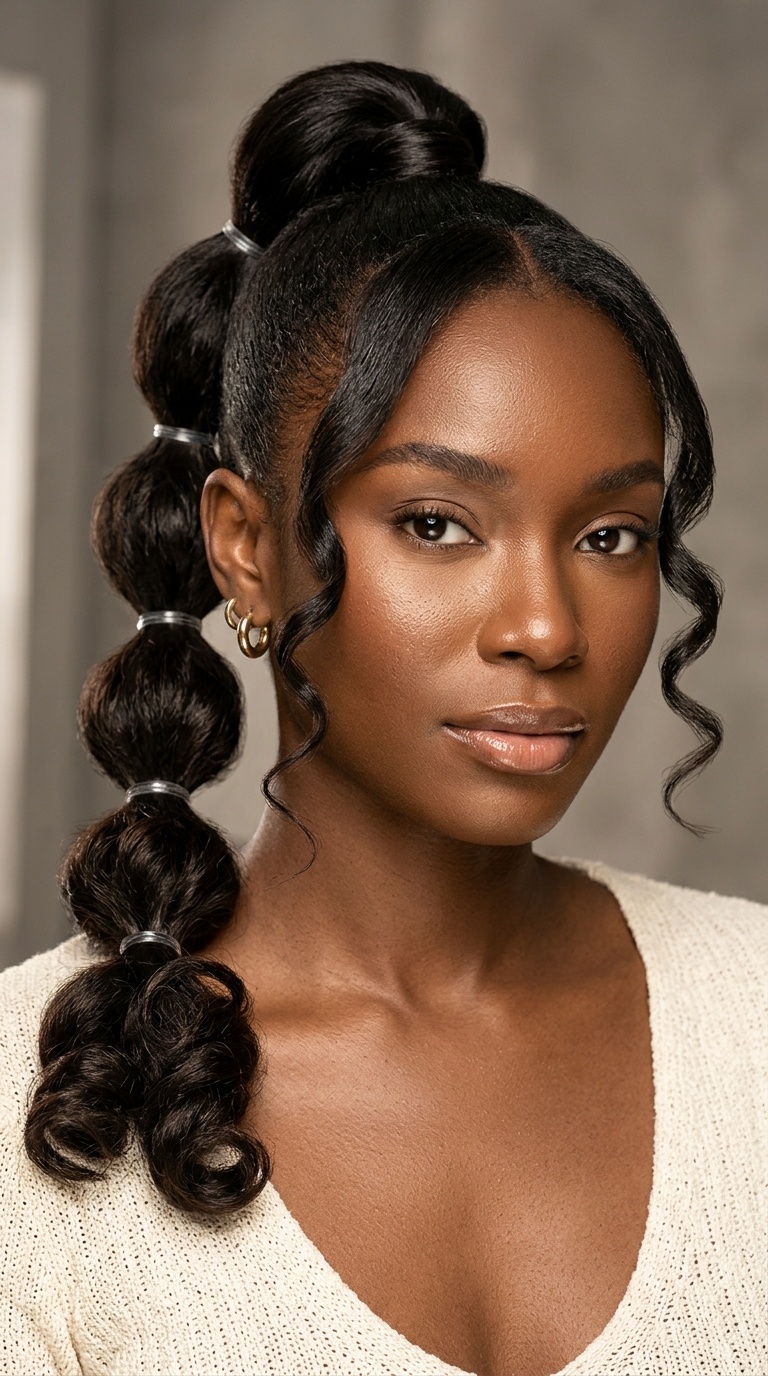 Bubble Ponytail with Curled Ends and Face-Framing Pieces