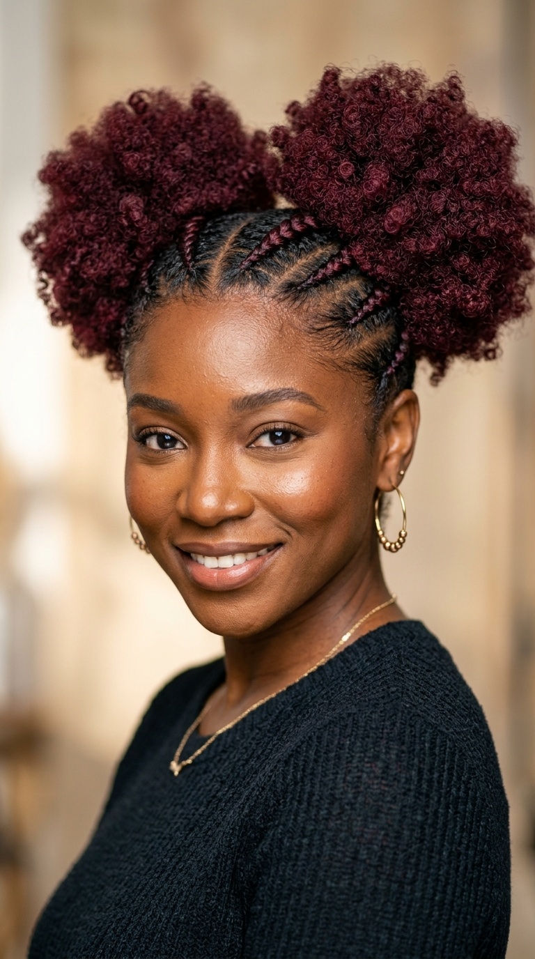Burgundy Afro Puffs with Braided Front