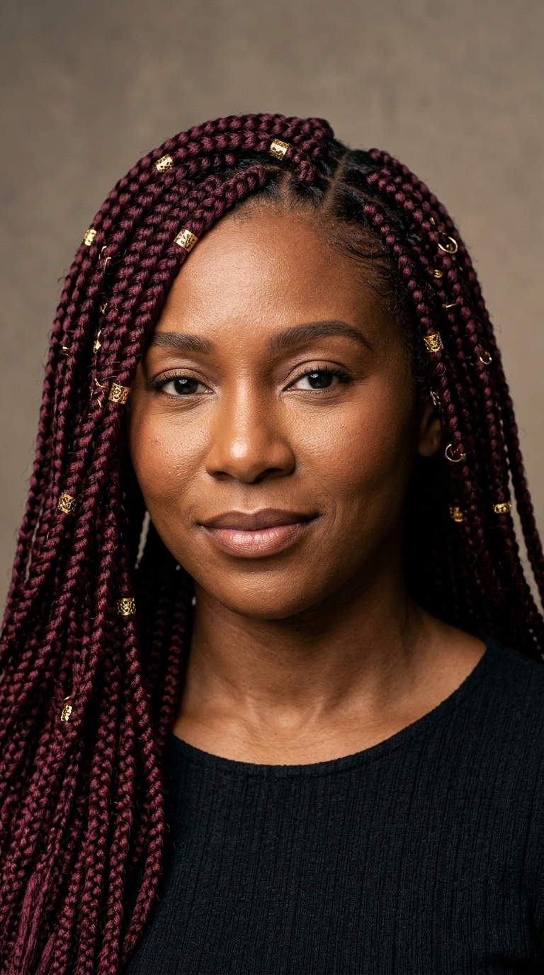 Burgundy Box Braids with Gold Accents