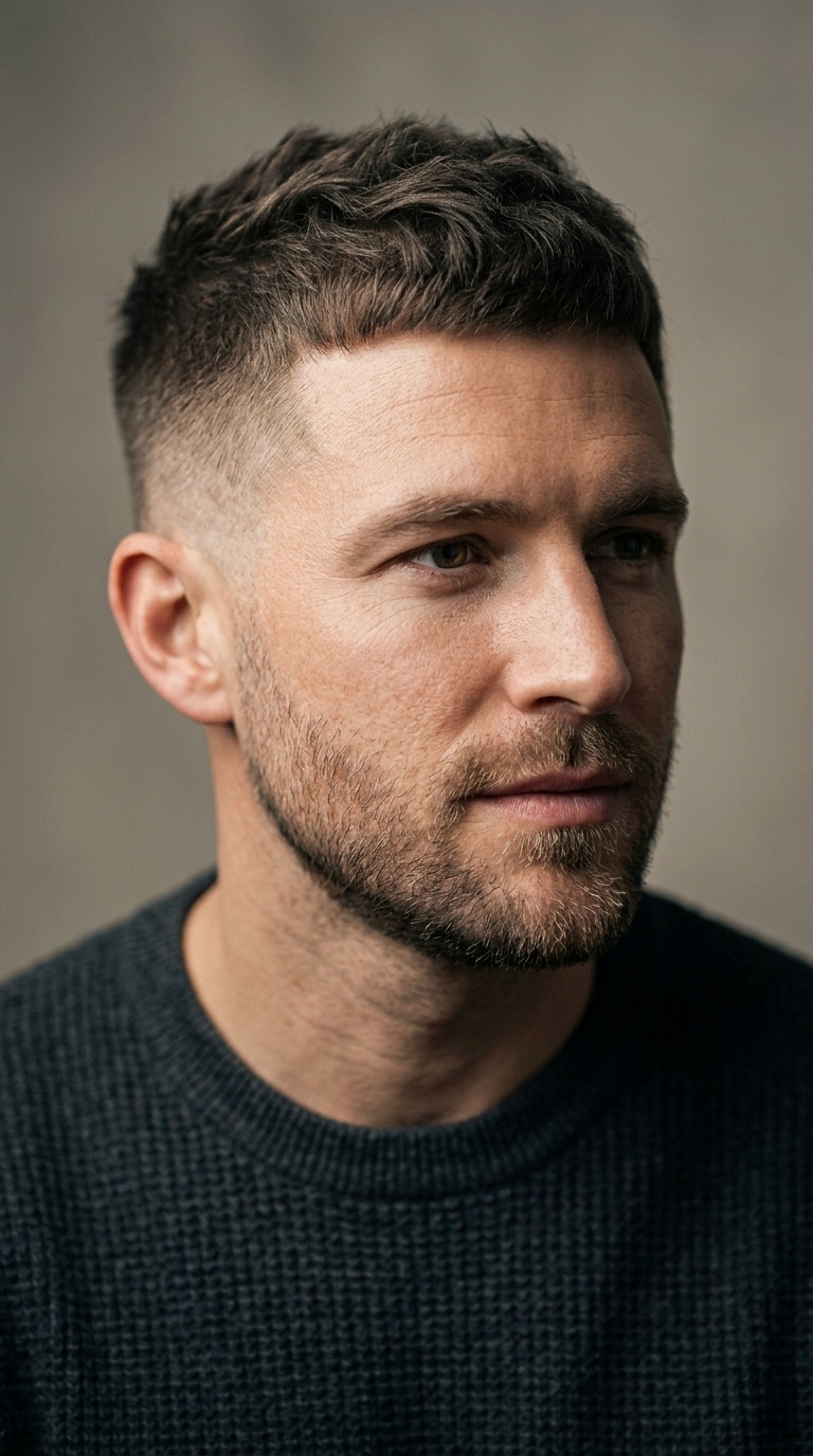 Caesar Cut with Low Fade and Stubble