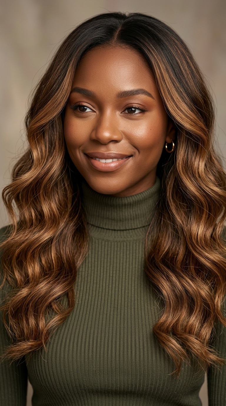 Caramel Balayage on Long Waves