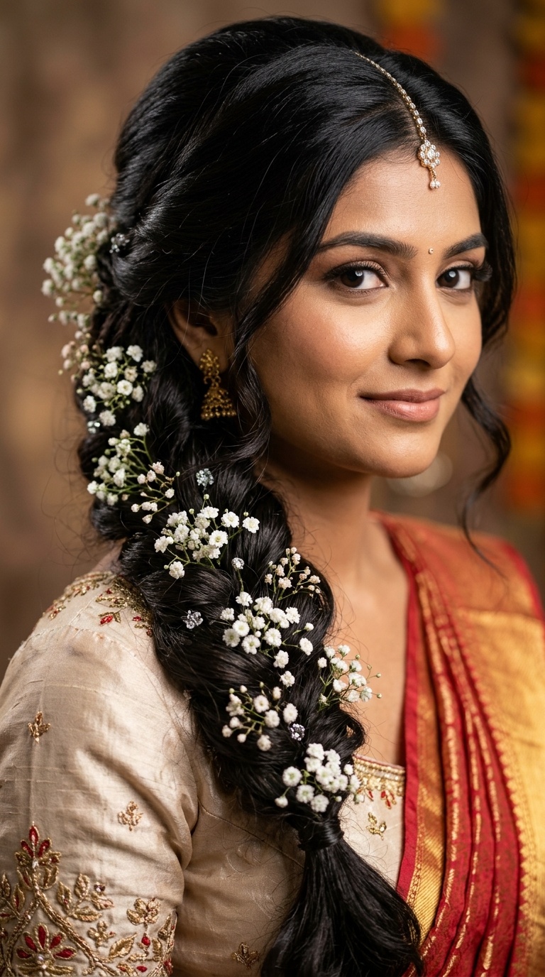 Cascading Side Braid with Baby’s Breath