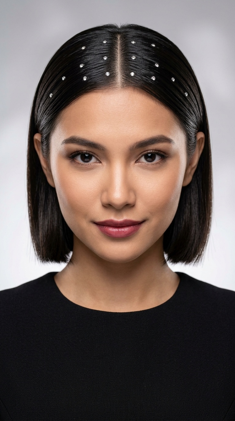 Center Part Sleekness with Symmetrical Gems