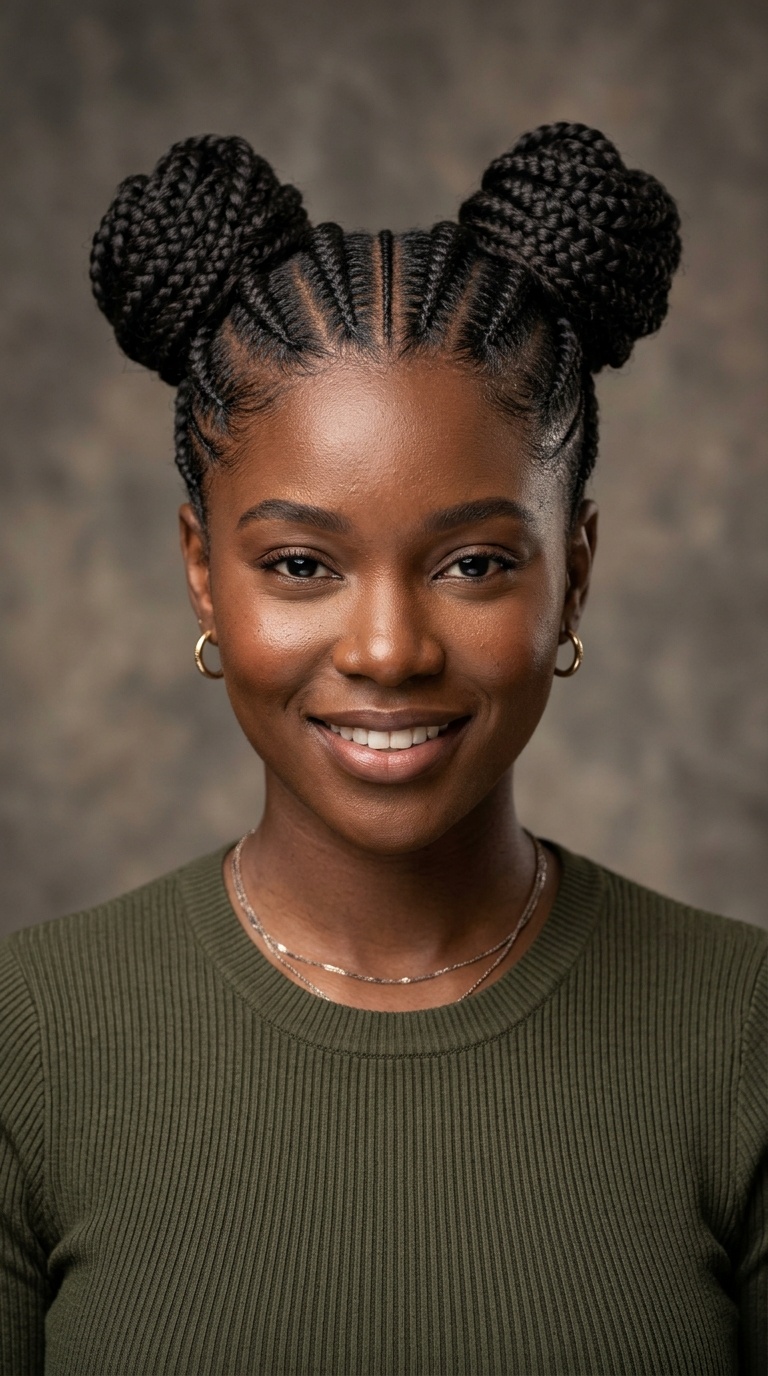 Center-Parted Cornrow Pigtails (Space Buns)