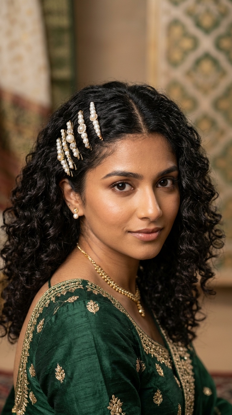 Center-Parted Curls with Pearl Bobby Pins
