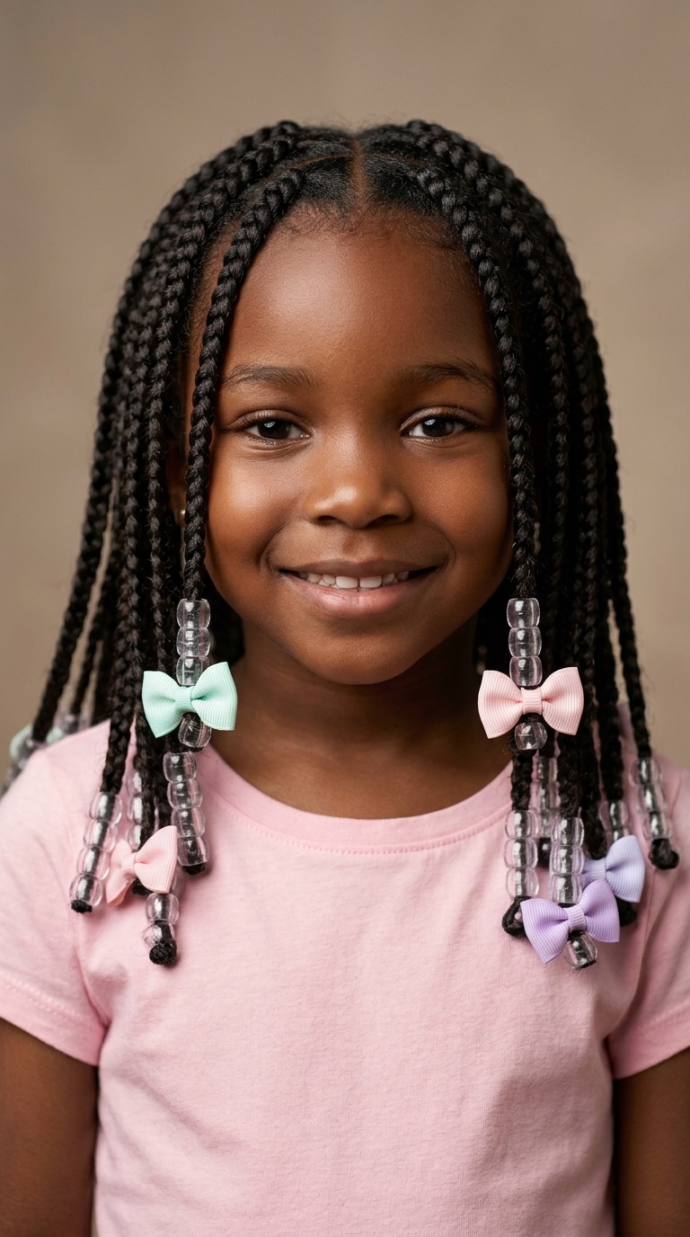 Classic Box Braids with Clear Beads and Pastel Bows