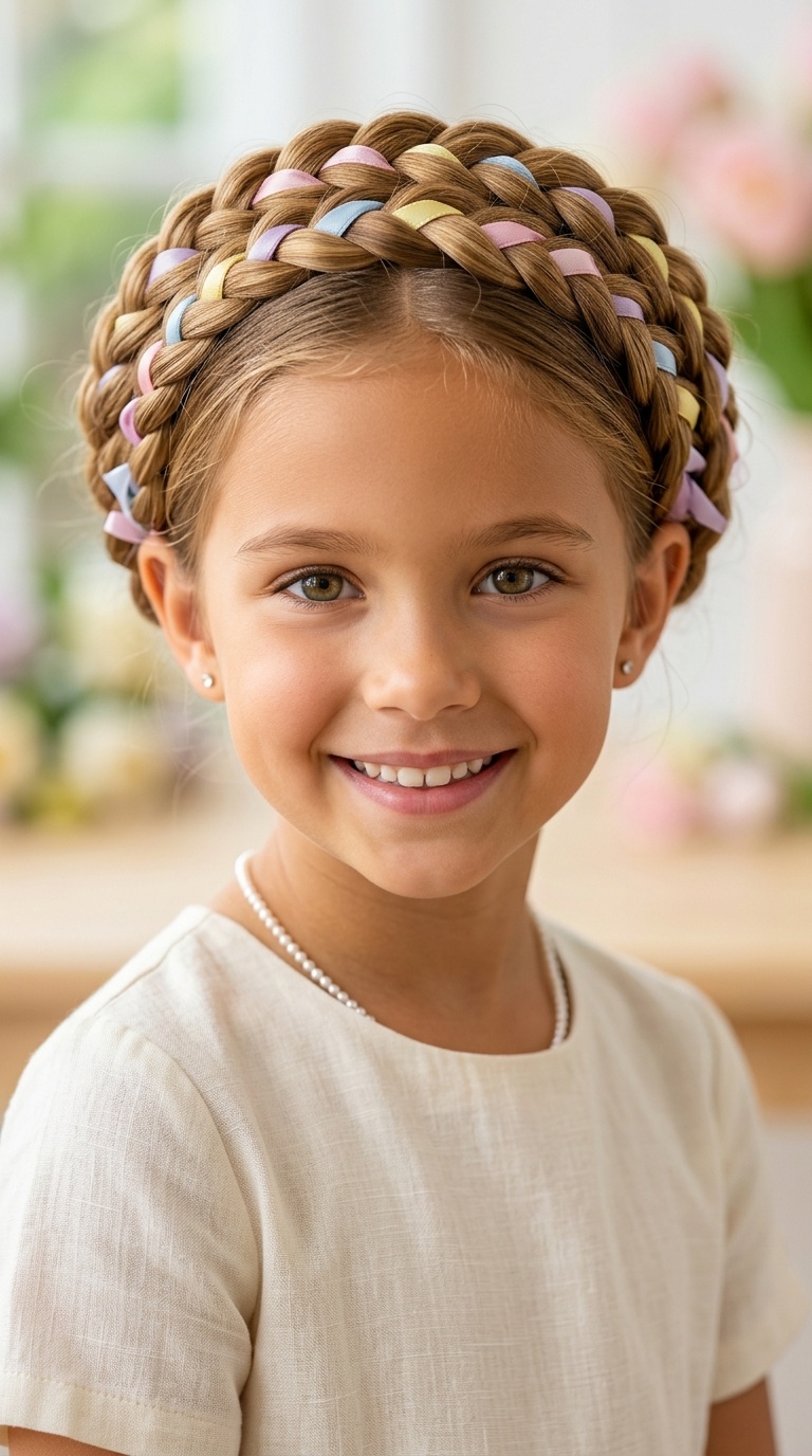 Classic Crown Braid with Pastel Ribbons