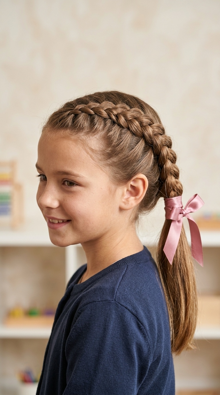 Classic Dutch Braid Ponytail with Satin Ribbon