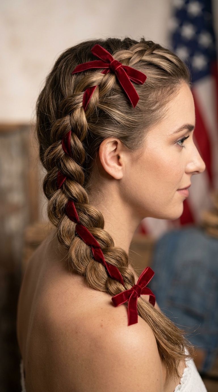 Classic French Braid with Red Velvet Ribbon