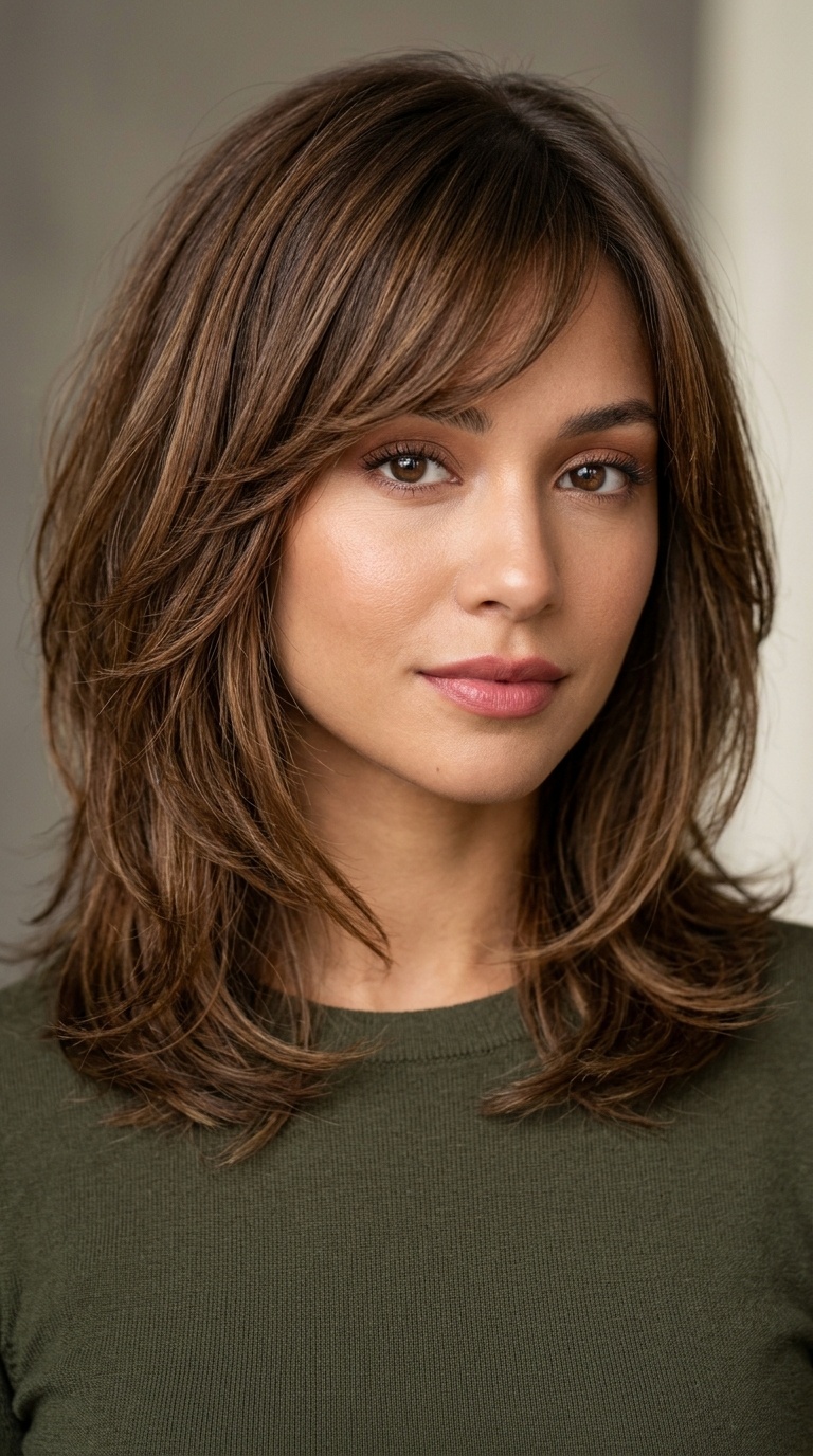 Classic Layered Lob with Swooping Fringe