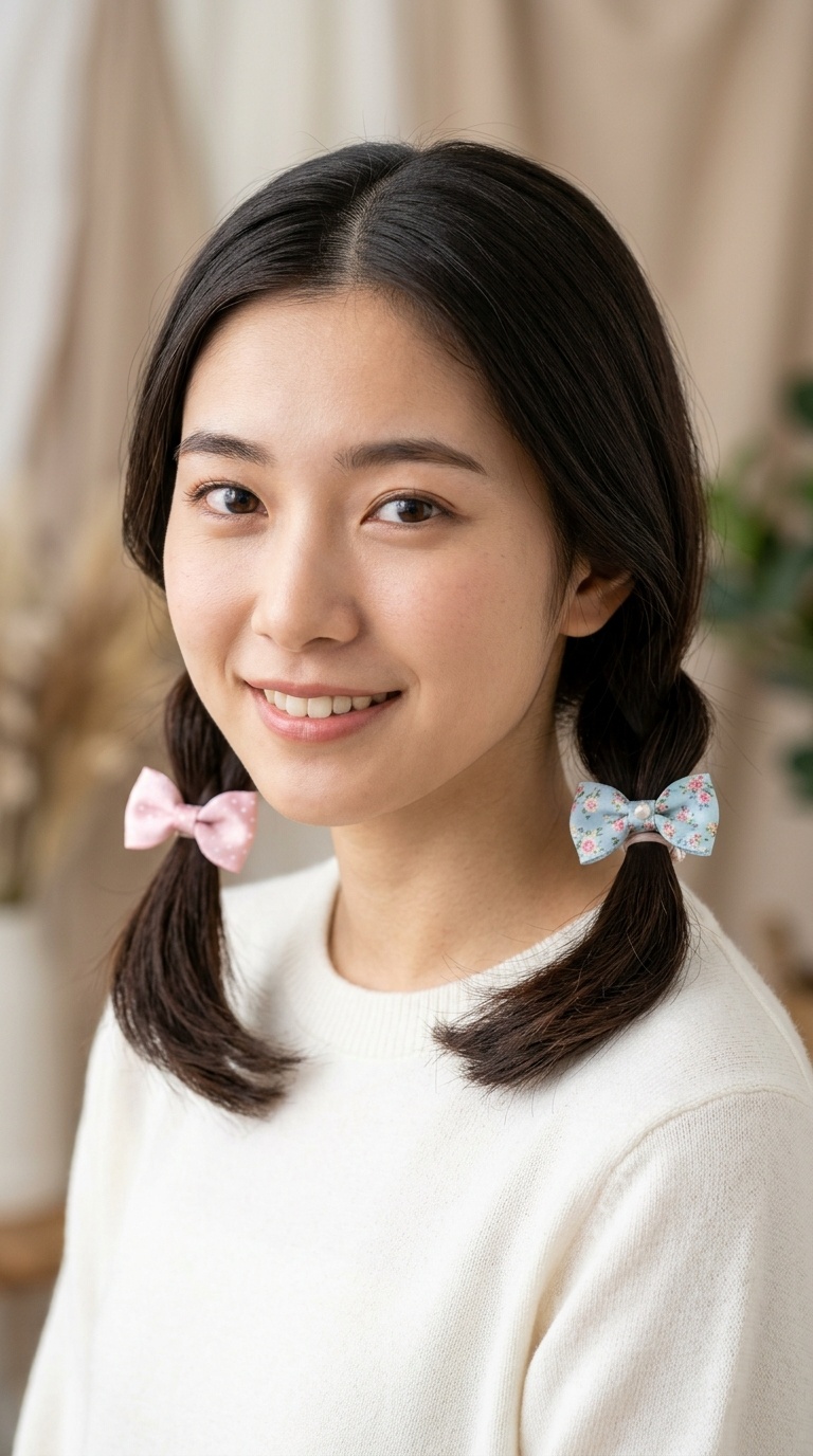 Classic Low Pigtails with Pastel Bow Clips