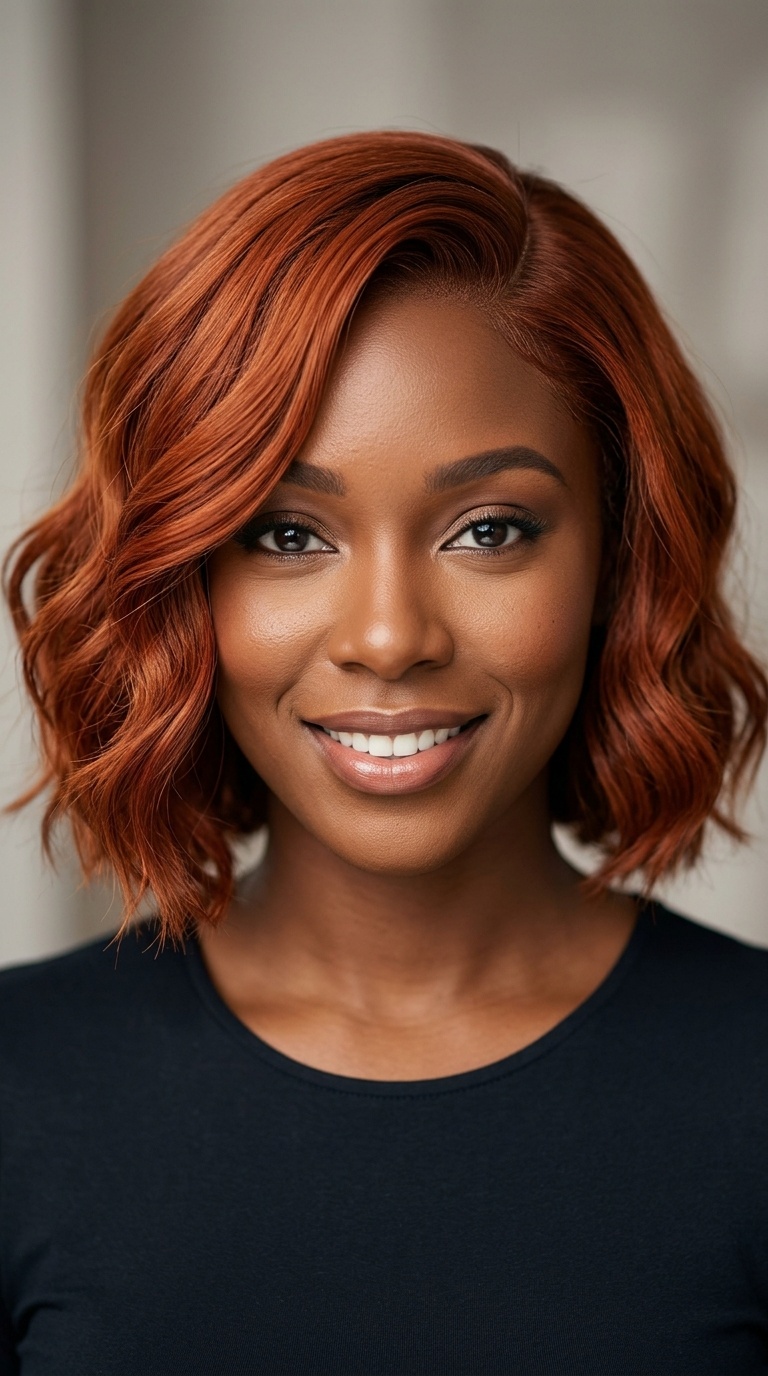 Copper Red Wavy Bob with Side Part