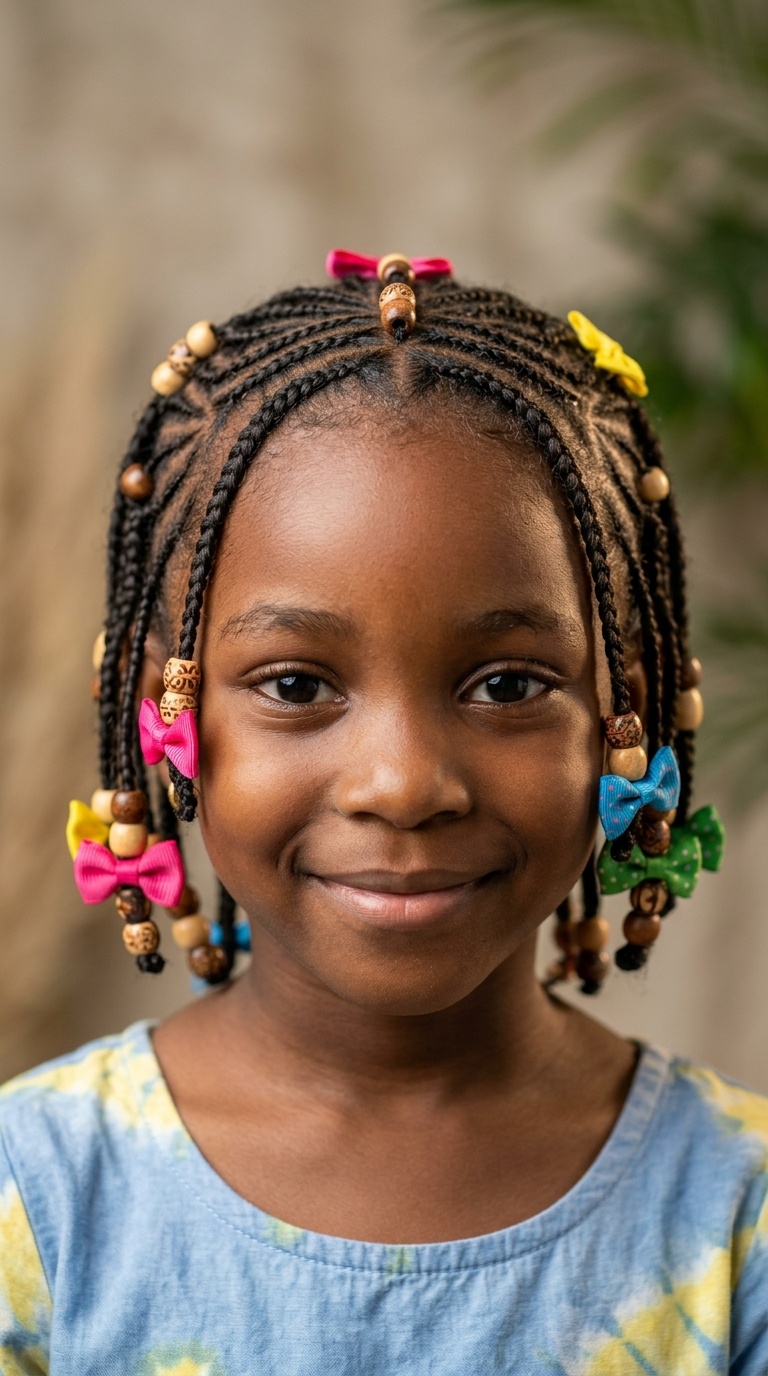 Cornrowed Fulani Style with Wooden Beads and Ribbon Bows