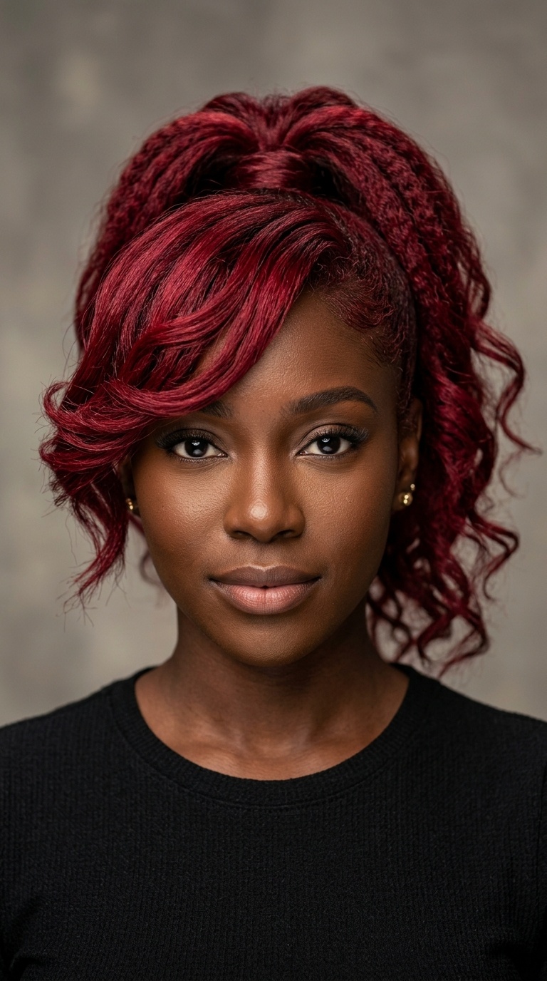Crimson Red Ponytail with Side-Swept Layers