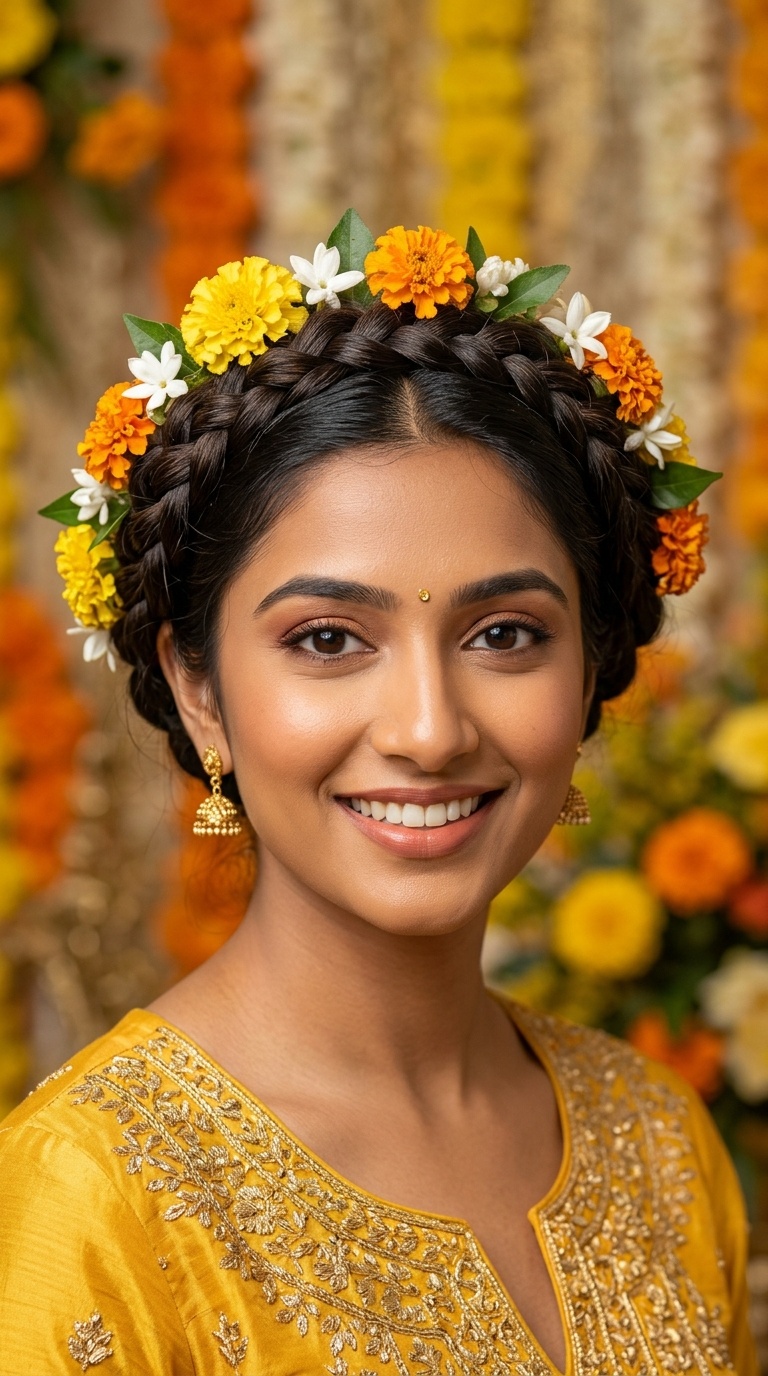 Crown Braid with a Floral Tiara Effect