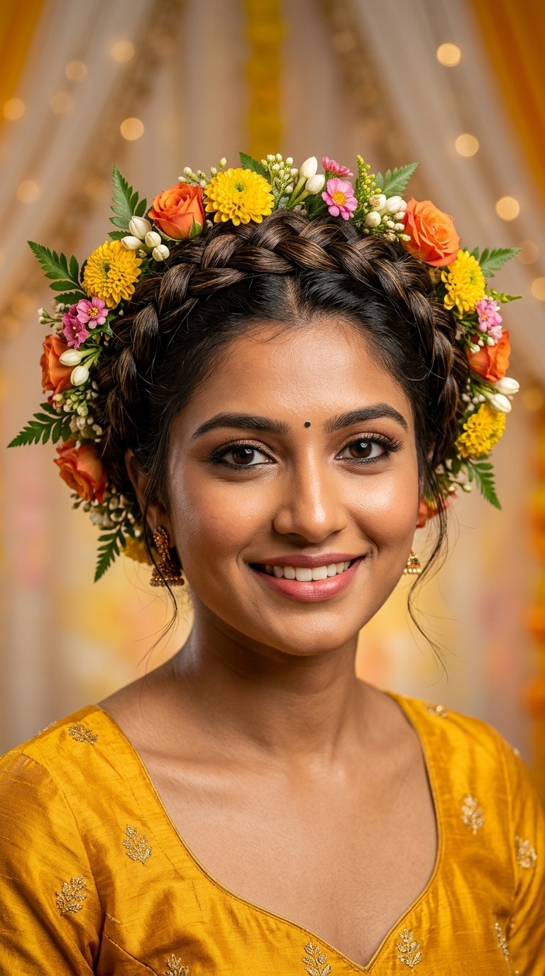 Crown Braid with Mixed Bloom Wreath
