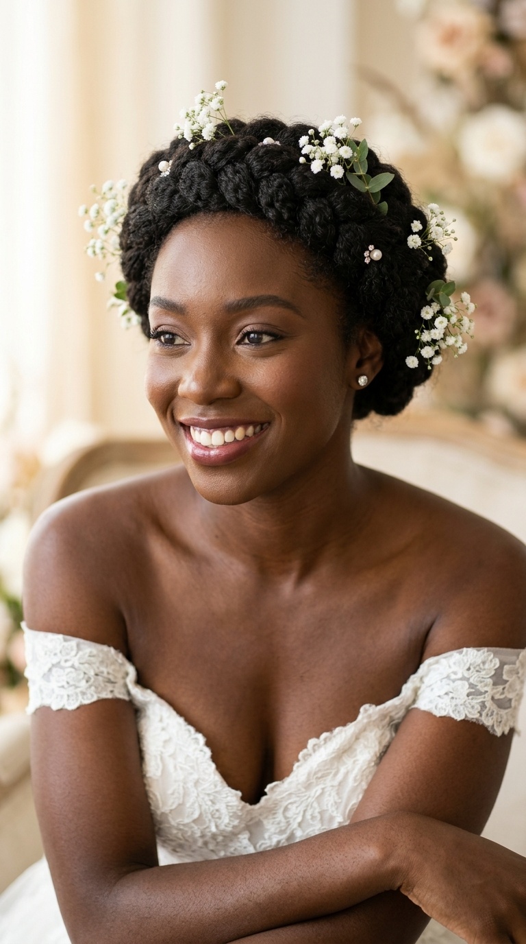 Crown Braid with Sprigs of Baby’s Breath