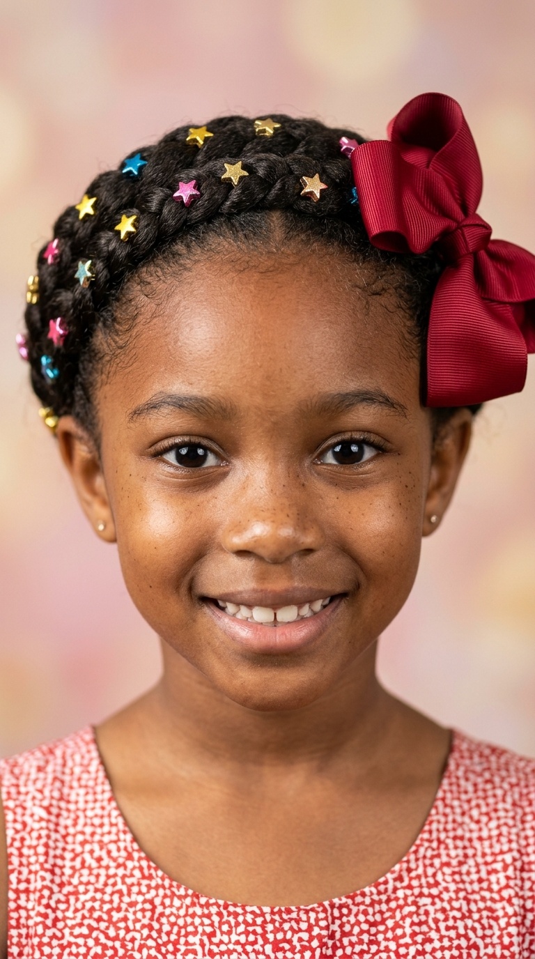 Crown Braid with Star Beads and a Statement Satin Bow