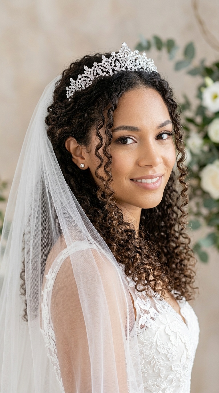 Curls with a Sparkling Tiara and Veil