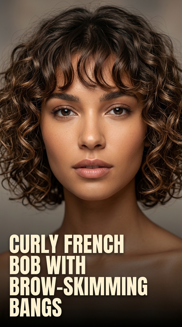Curly French Bob with Brow-Skimming Bangs