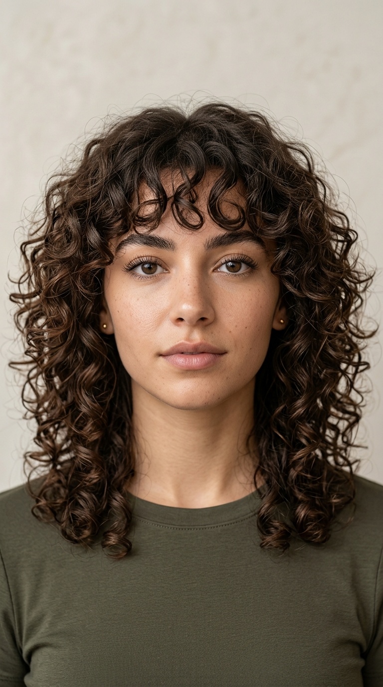 Curly Layers with Integrated Bangs