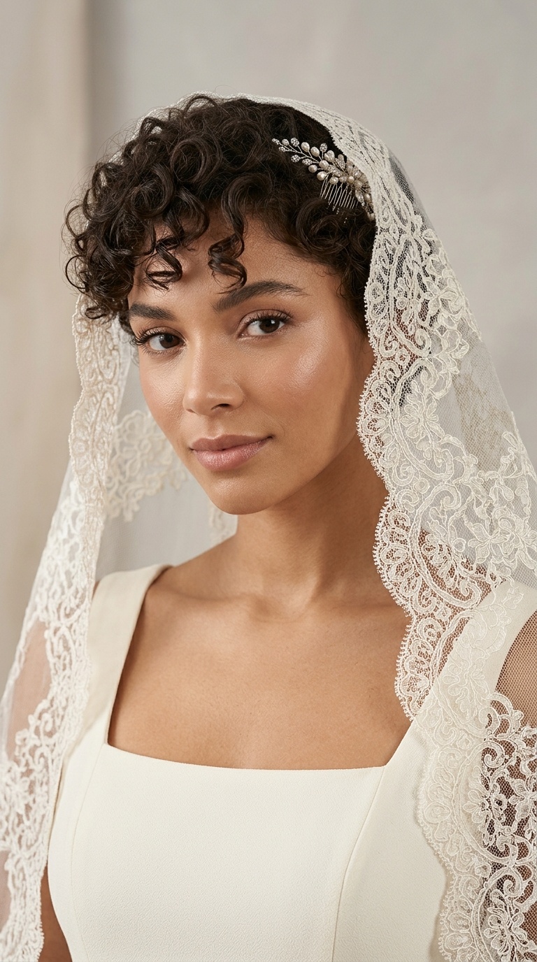 Curly Pixie with a Mantilla Veil