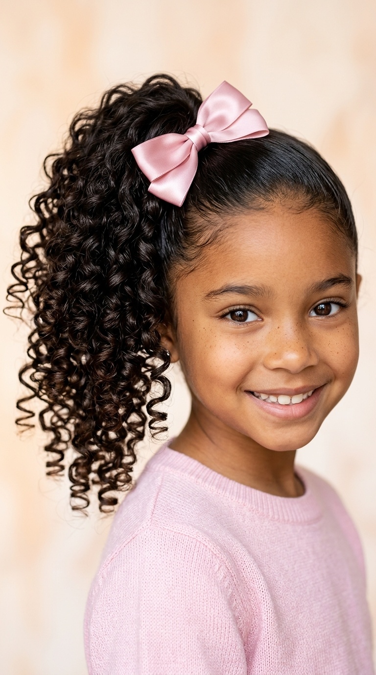 Curly Side Ponytail with Satin Ribbon