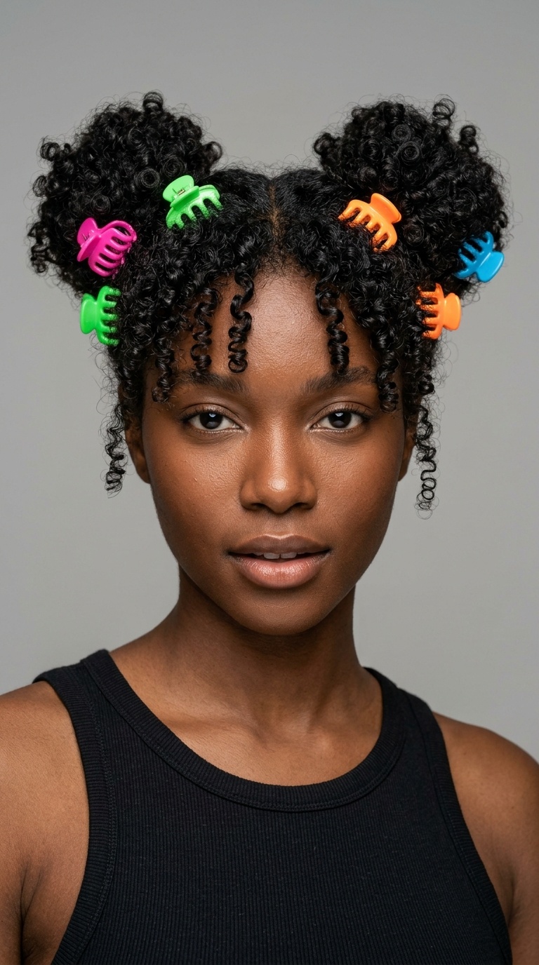 Curly Space Buns with Neon Claw Clips