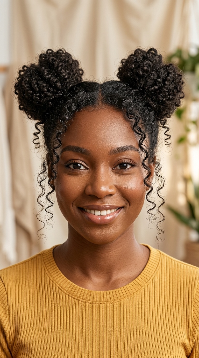 Curly Space Buns with Wispy Tendrils